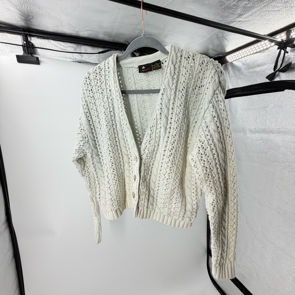 Lizsport Vintage Cream Cotton Cable‎ Knit Pointelle Cardigan Sweater Womens M